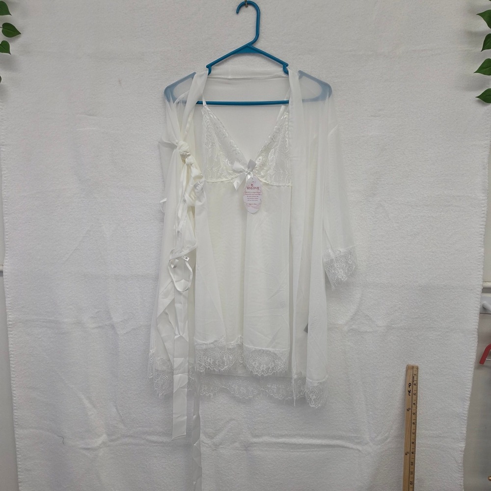 *NWT* RSLOVE Women White Lace Trim Mesh Chemise and Robe Lingerie Set Medium